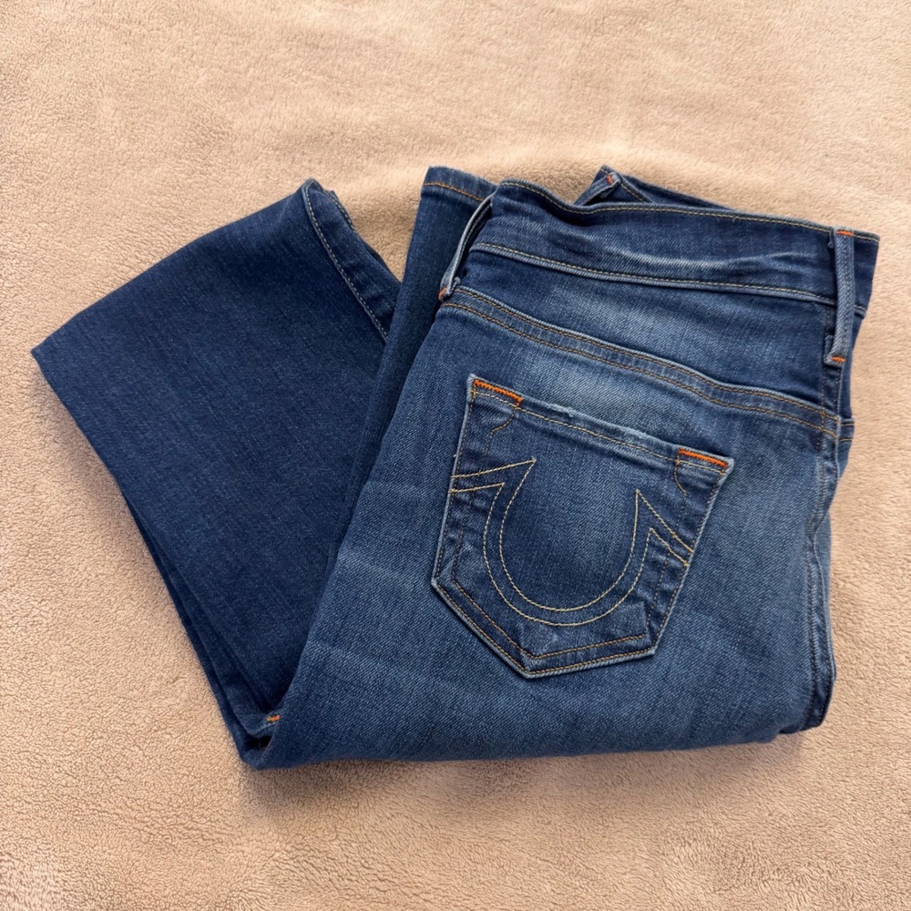 True Religion Becca Mid Rise Bootcut Blue Denim Jeans Horseshoe Flare Sz 24 Long